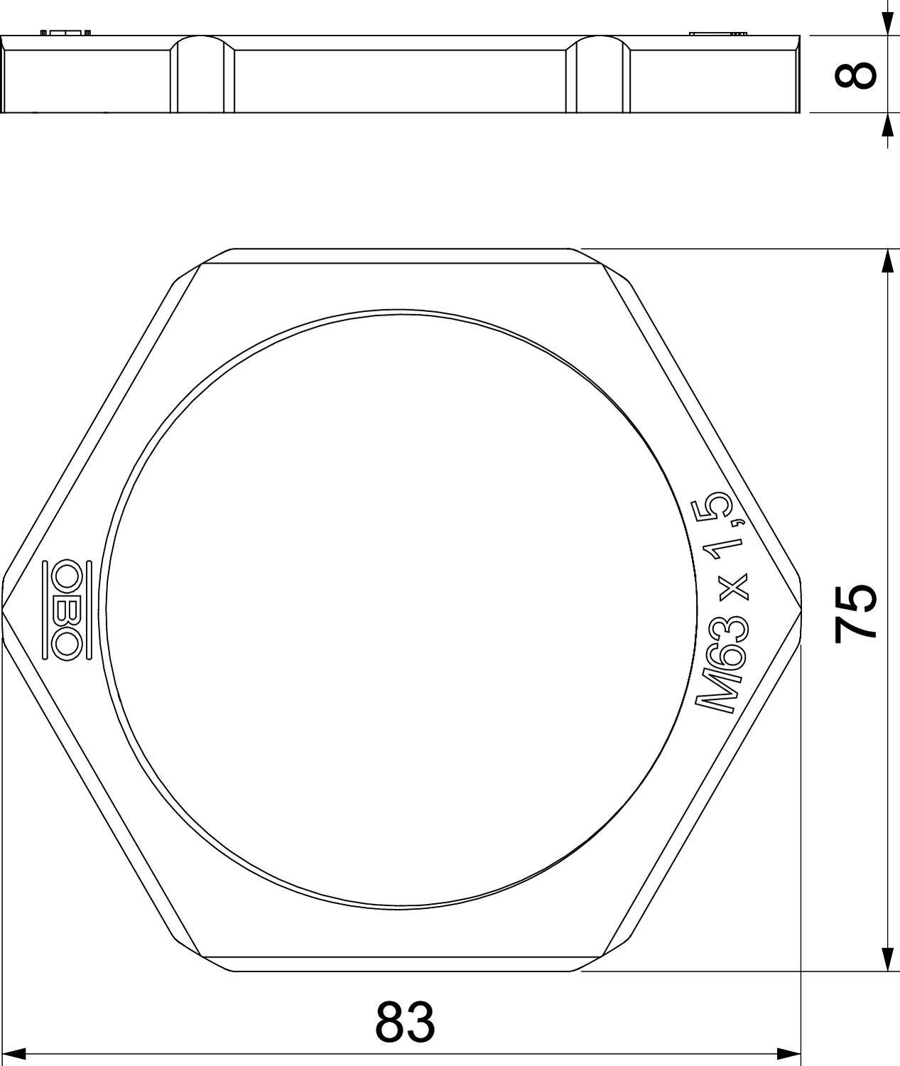 Rysunek techniczny nakrętki sześciokątnej o wymiarach 83 mm i 75 mm. Grubość boczna 8 mm. Oznaczenie: 'M63 x 1,5'.