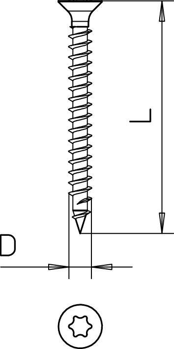 Rysunek techniczny śruby z łbem Torx, przedstawiający długość i średnicę.