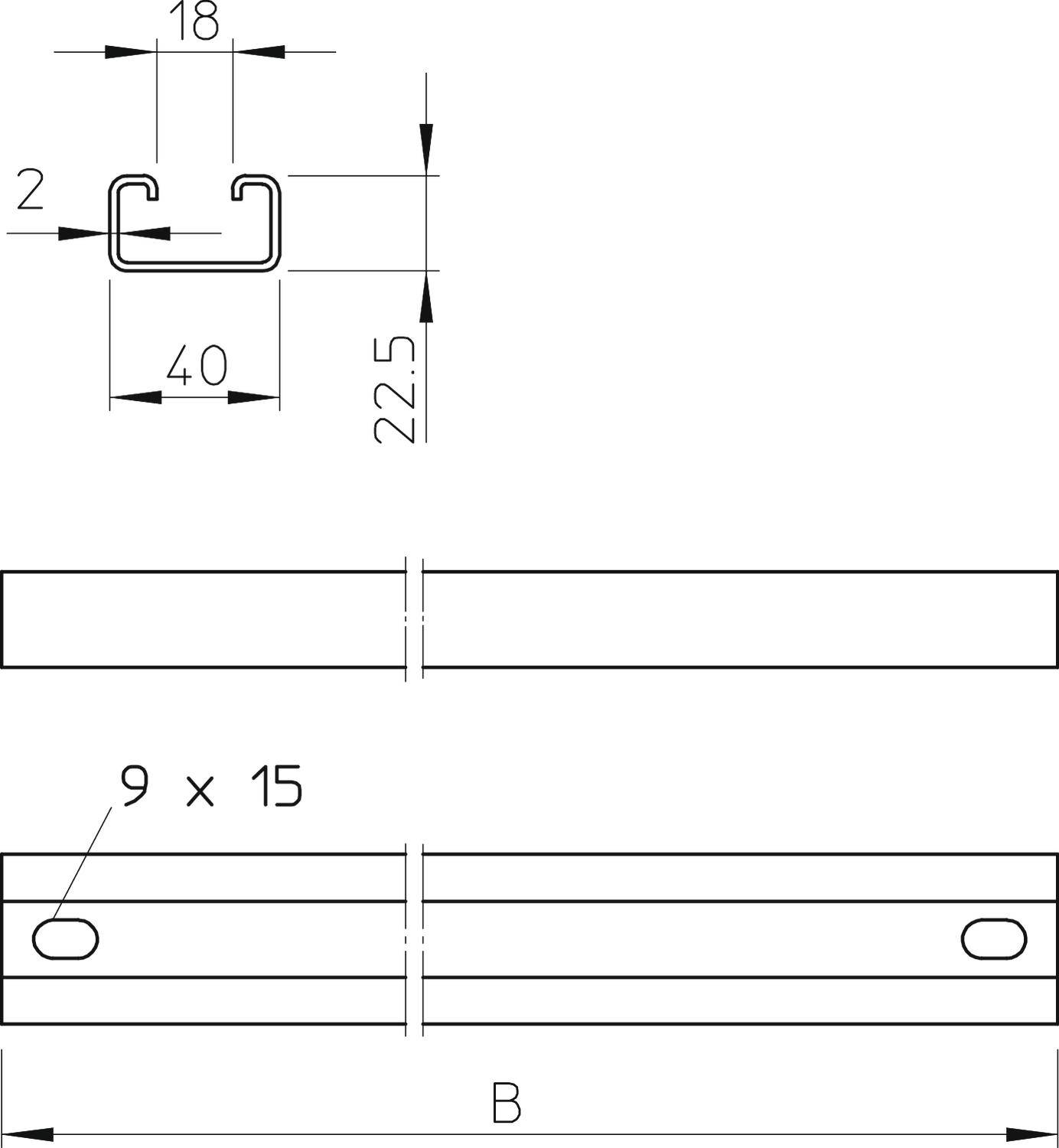 Rysunek techniczny profilu metalowego z wymiarami: na górze przekrój poprzeczny, na dole widok z boku z otworami szczelinowymi ('9 x 15').