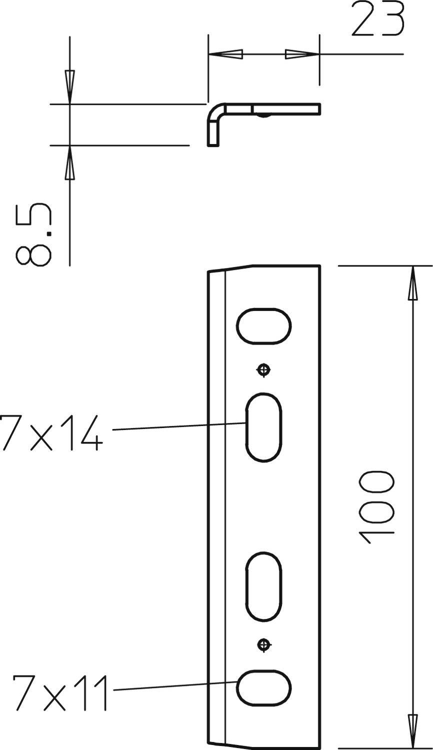 Rysunek techniczny zacisku metalowego. Wymiary: 23 mm szerokości, 85 mm długości; zawiera otwory o wymiarach 7x14 mm oraz 7x11 mm.