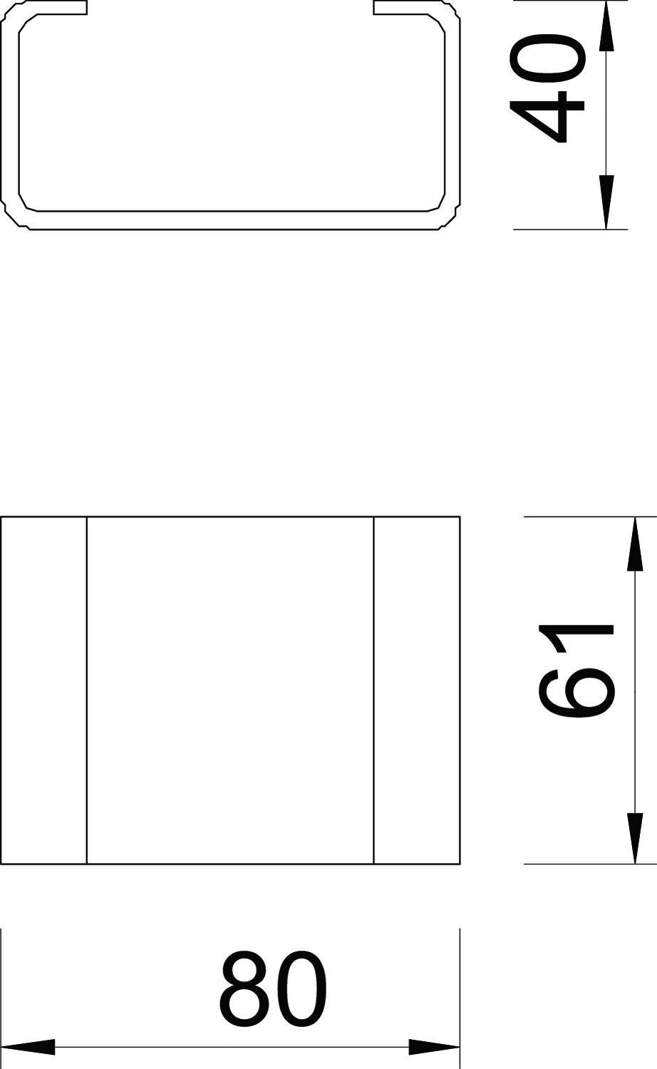 Rysunek techniczny prostokątnego obiektu. U górze: otwór w kształcie litery U, 40 mm. U dołu: szerokość 80 mm, wysokość 61 mm.