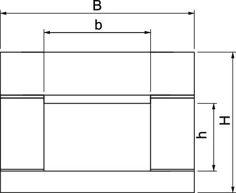 Diagram przedstawia prostokąt z wewnętrznym, węższym prostokątem. Szerokości B i b oraz wysokości H i h są oznaczone etykietami.