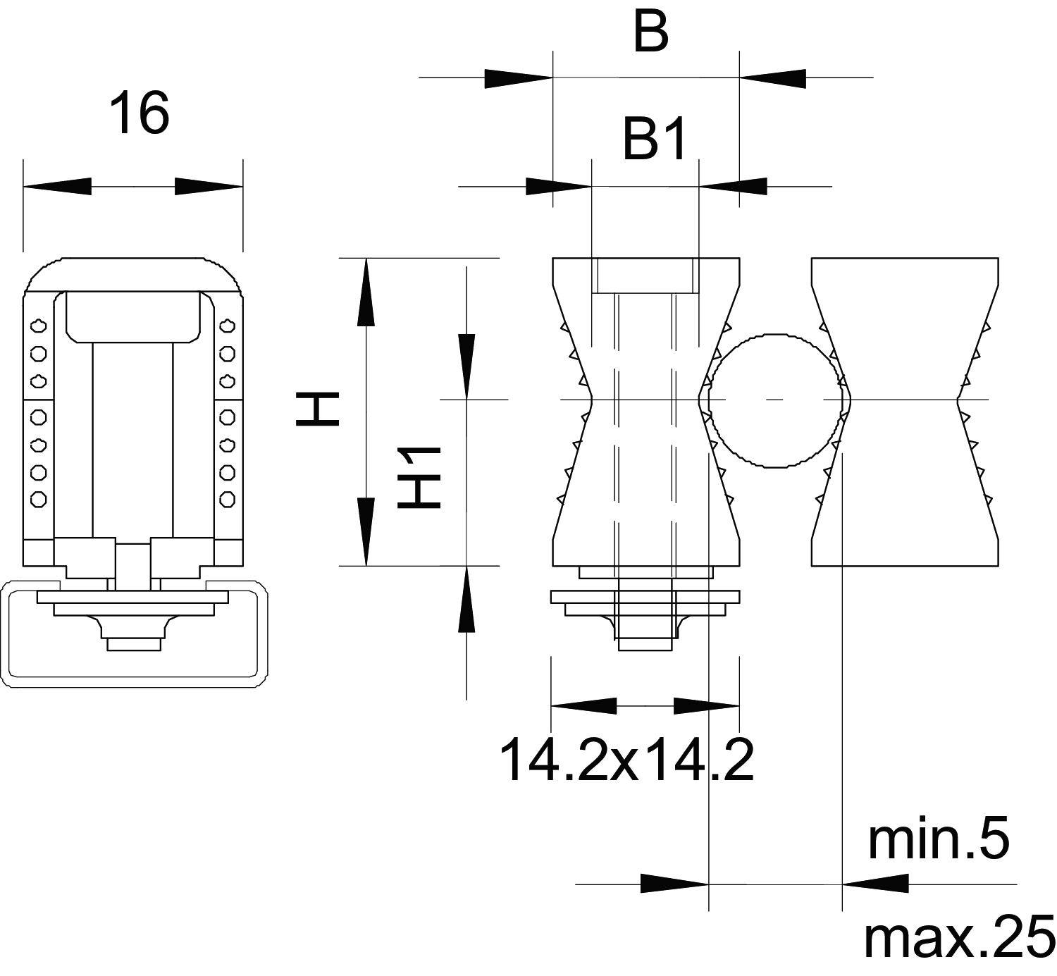 Rysunek techniczny z wymiarami: Szerokość (B), Szerokość (B1), Wysokość (H), Wysokość (H1), Głębokość 14,2x14,2, oraz minimalna (5 mm) i maksymalna (25 mm) głębokość.