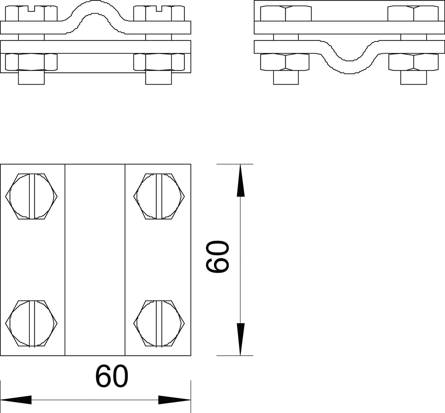Rysunek techniczny złącza metalowego. Trzy widoki: widok z góry, widok z boku i widok z przodu. Wymiary: 60x60 mm.