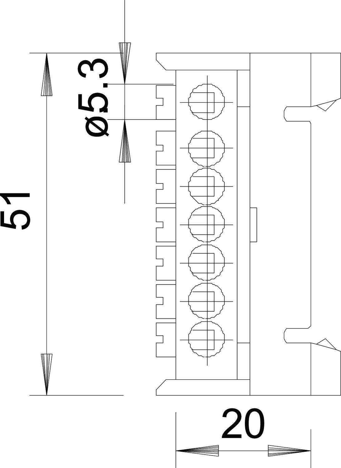 Rysunek techniczny elektrycznego złącza wtykowego o wymiarach 51 mm wysokości i 20 mm szerokości. Średnica otworów: 5,3 mm.