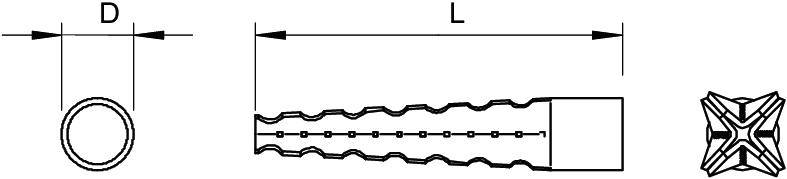 Rysunek techniczny modelu kołka rozporowego, przedstawiający widok z przodu z oznaczeniem średnicy 'D', długości 'L' oraz przekrój poprzeczny.