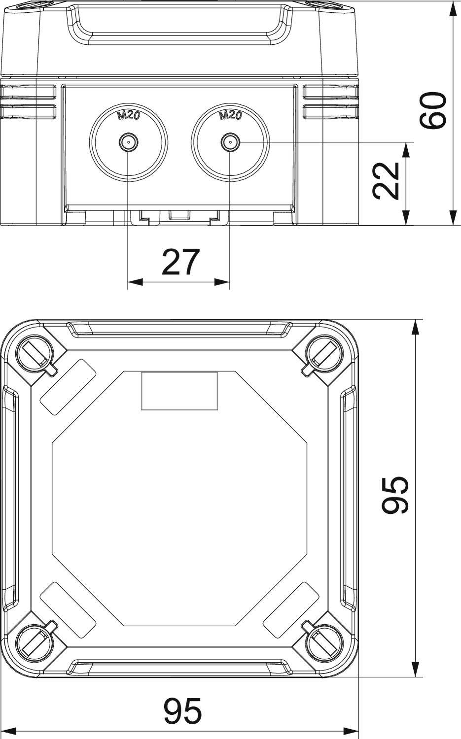 Rysunek prostokątnej obudowy o wymiarach: 95x95 mm, wysokość 60 mm. Na górze dwa otwory z oznaczeniem 'M20', rozstaw 27 mm.
