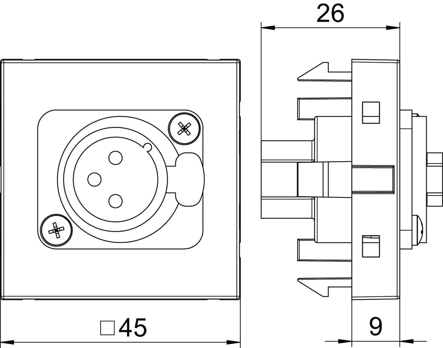 Rysunek techniczny gniazda elektrycznego o wymiarach 45 x 45 mm i głębokości 26 mm. Przedstawia widok z przodu i z boku wraz ze szczegółami dotyczącymi okablowania.
