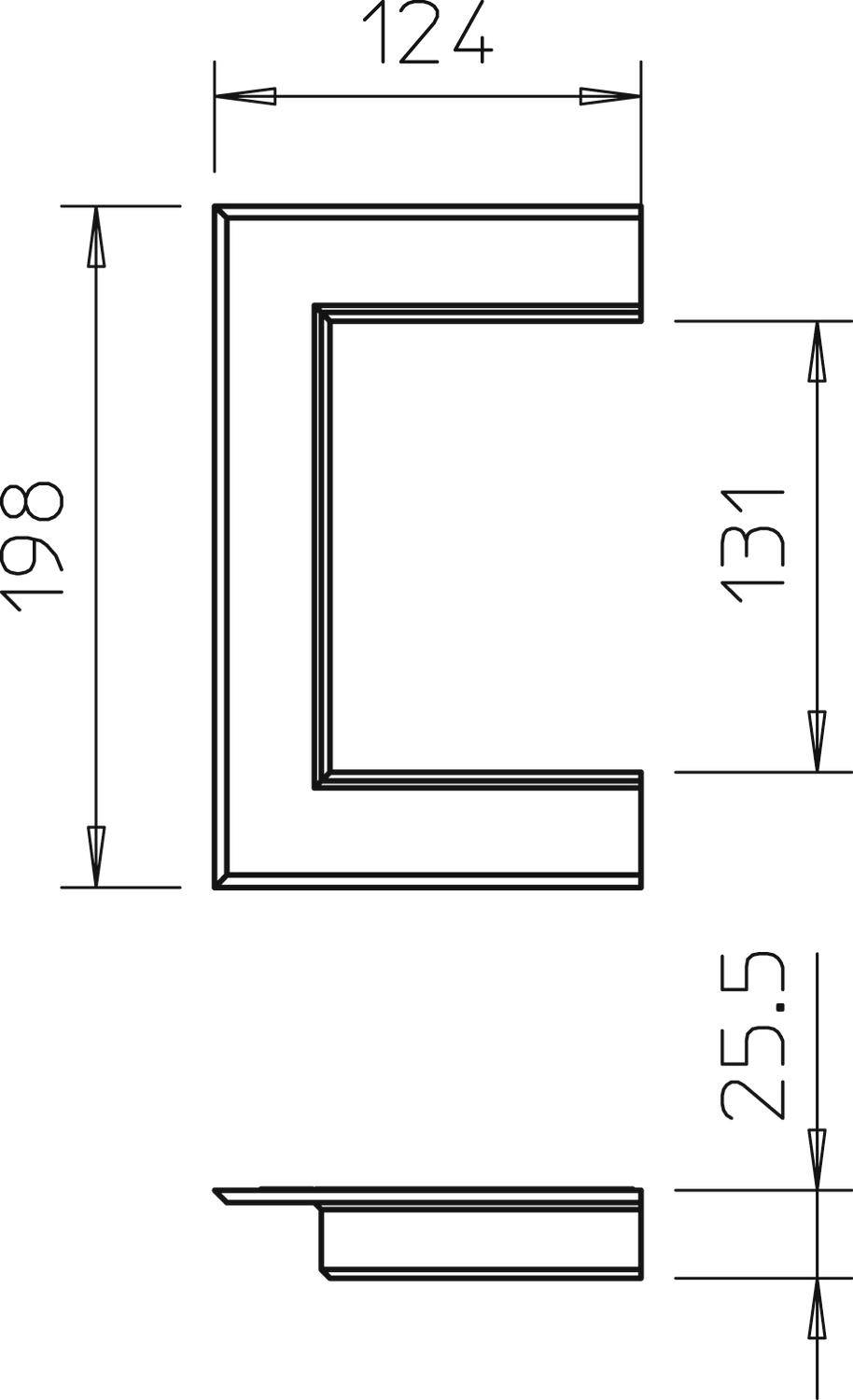 Rysunek techniczny metalowego profilu o kształcie litery C z wymiarami: wysokość 198 mm, szerokość 124 mm, wymiar wewnętrzny 131 mm, głębokość 25,5 mm.