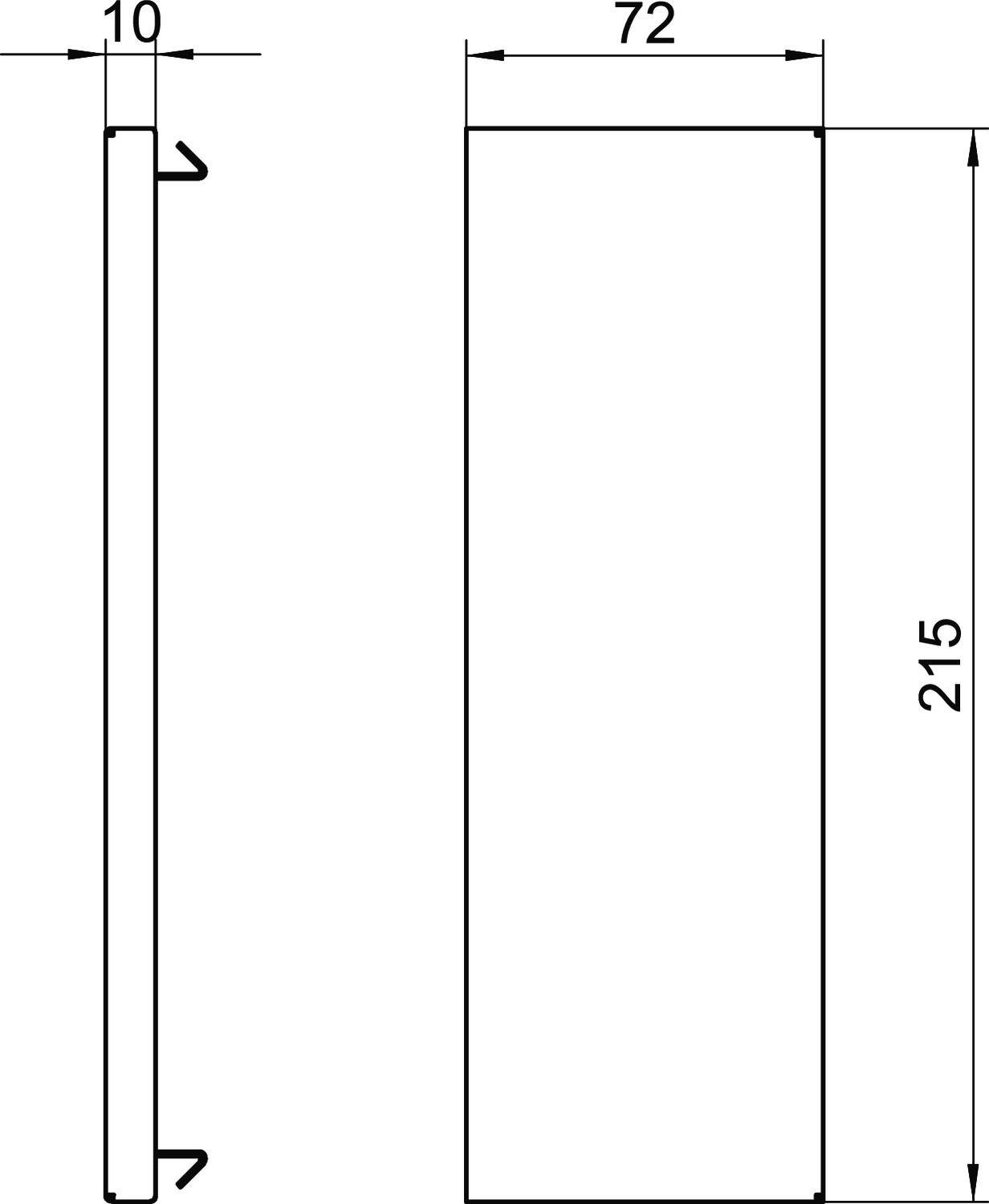 Szkic profilu prostokątnego z wymiarami: 215 cm wysokości, 72 cm szerokości, 10 cm głębokości, widok z boku z liniami wymiarowymi.