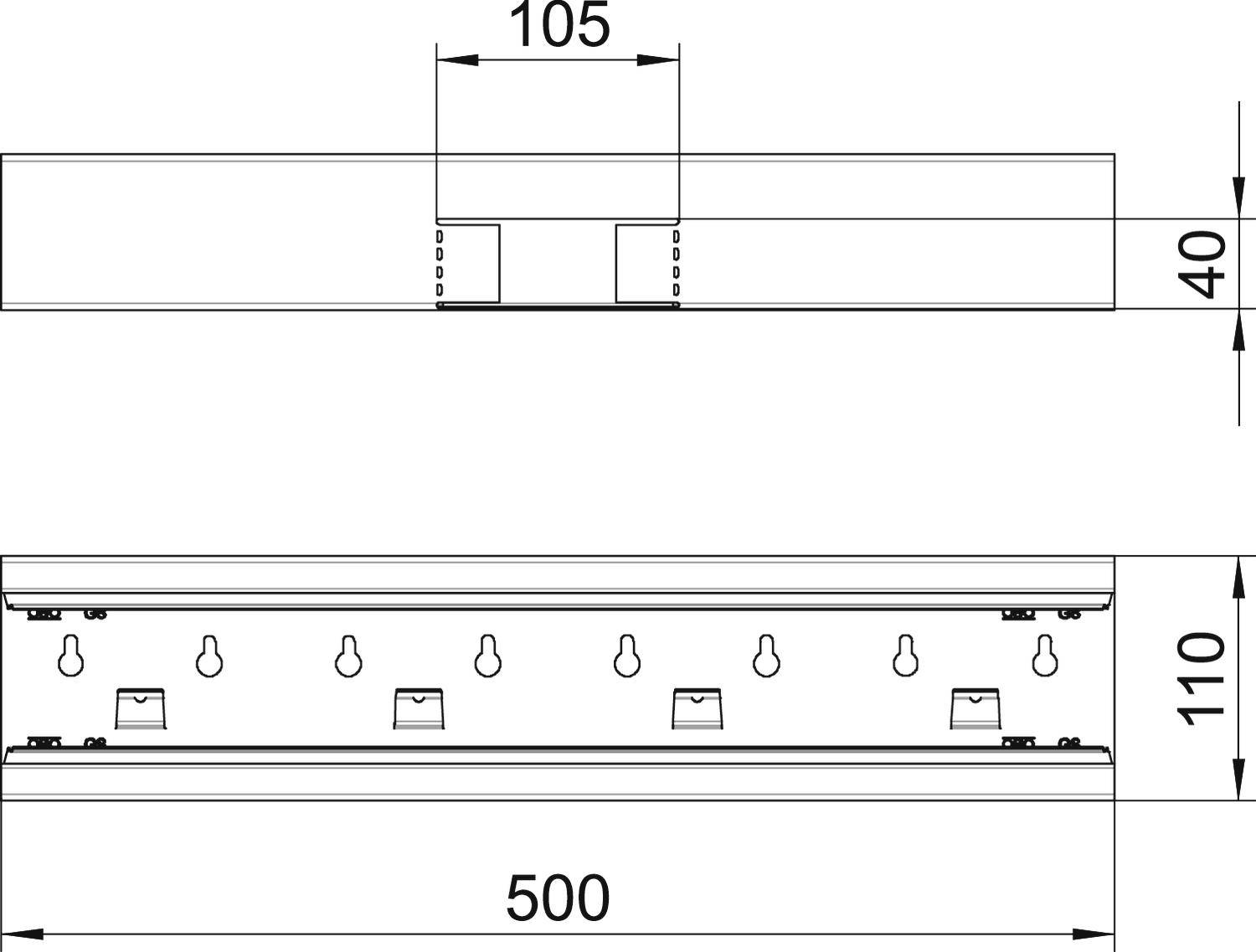 Rysunek techniczny prostokątnej jednostki mocującej z wymiarami. Całkowita szerokość: 500 mm, wysokość: 110 mm, głębokość: 105 mm.