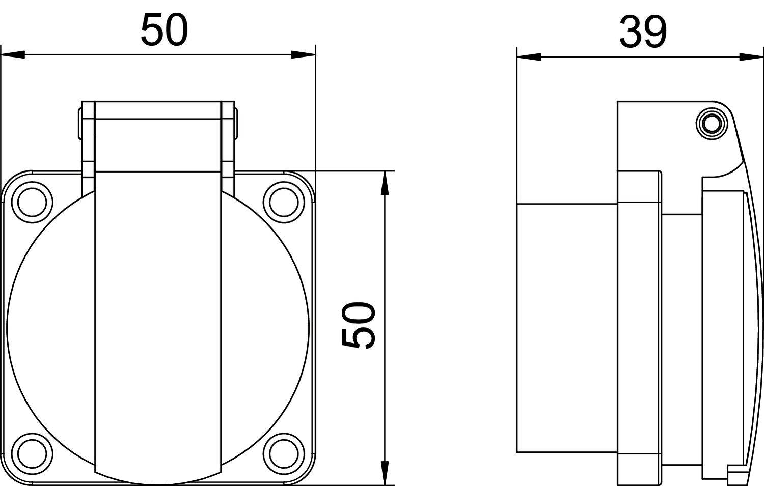 Rysunek techniczny składnika kwadratowego o wymiarach: 50x50 mm w widoku czołowym, 39 mm głębokości w widoku bocznym.