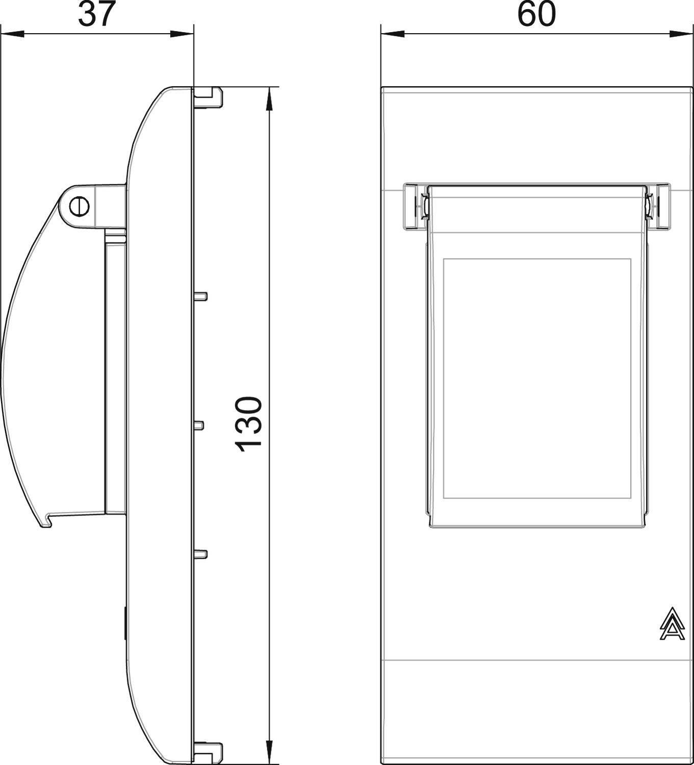 Widok z boku i z przodu rysunku technicznego prostokątnego przełącznika o wymiarach 130 mm wysokości, 37 mm głębokości, 60 mm szerokości.