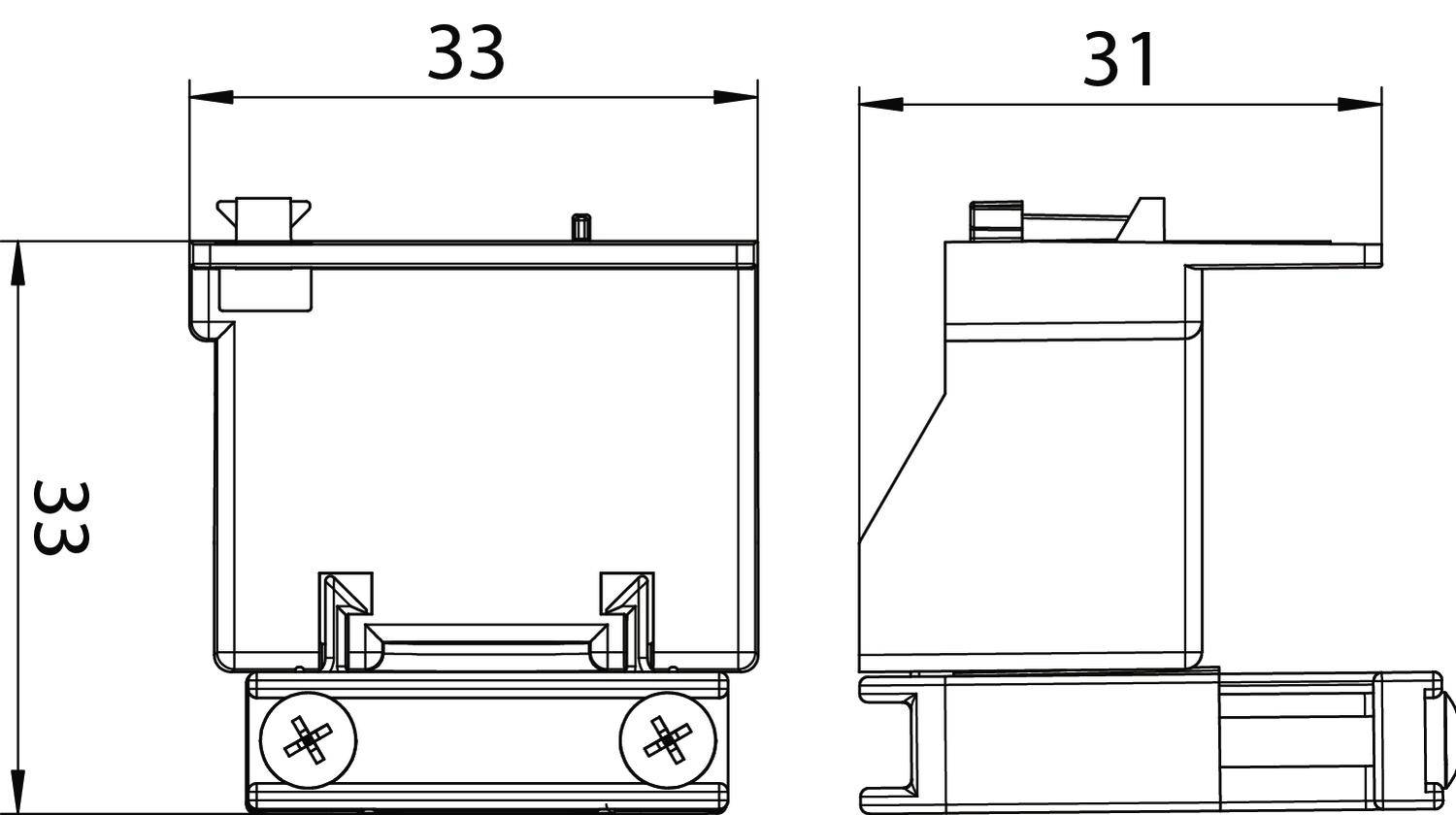 Rysunek techniczny elementu z przekrojem bocznym i widokiem z przodu. Wymiary: 33 i 31 jednostek. Istotny dla montażu i konstrukcji.