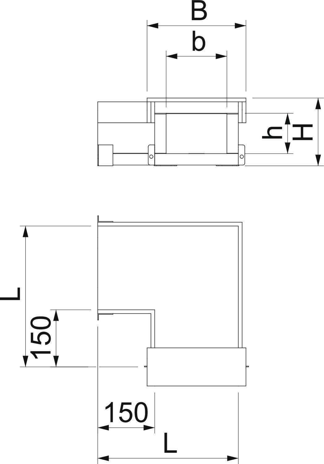 Rysunek techniczny przedstawiający widok z boku i z góry prostokątnego obiektu. Podane są wymiary B, b, L oraz h.