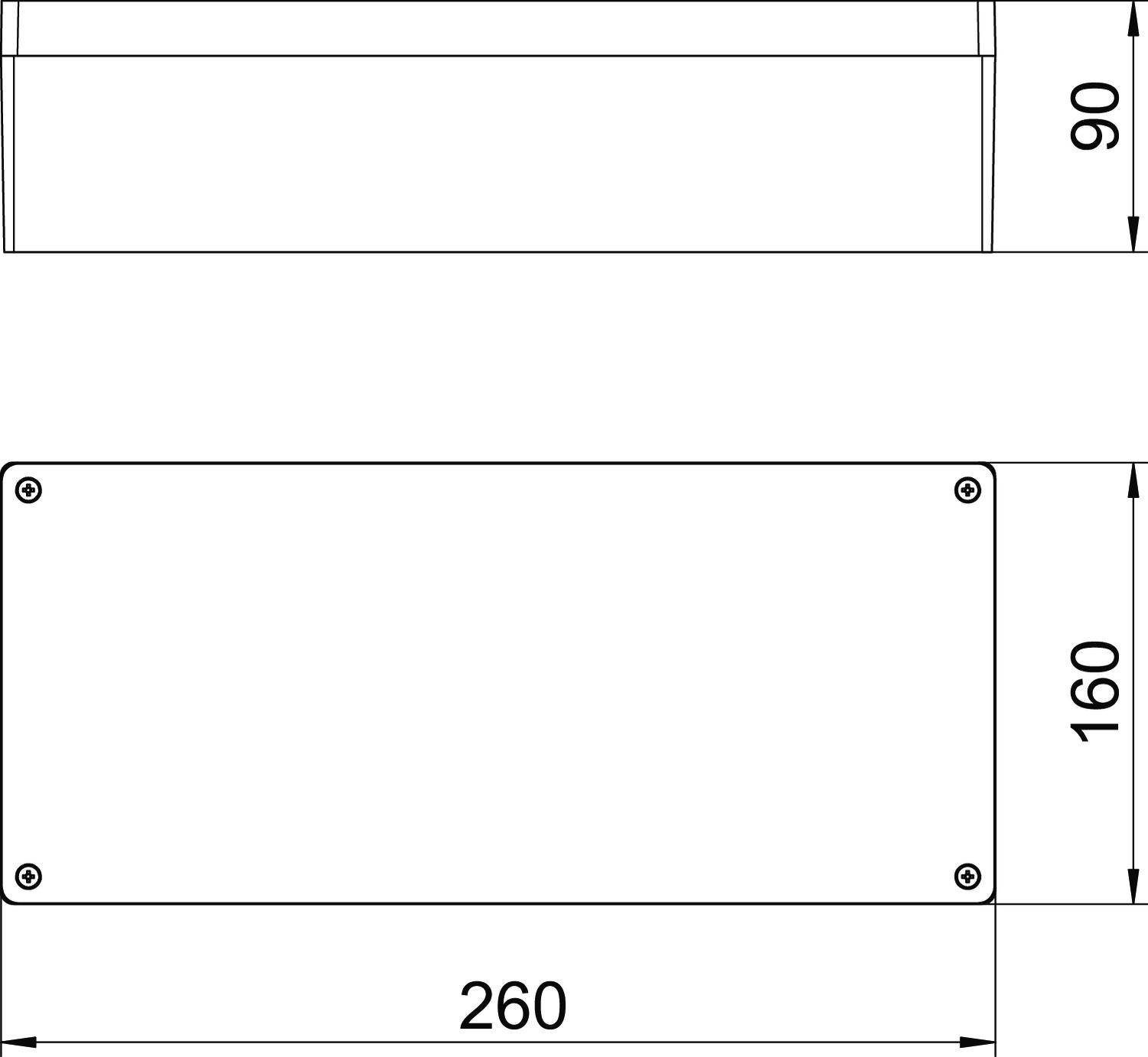 Prostokątna obudowa widziana z dwóch perspektyw: widok z przodu o wymiarach 260 mm x 160 mm, wysokość 90 mm. Śruby w narożnikach.