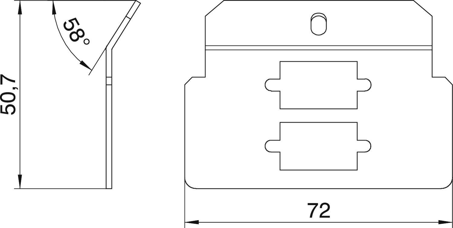 Rysunek techniczny kąta z wymiarami: wysokość 50,7 mm, kąt 58 stopni, szerokość 72 mm. Przedstawia przekrój i widok z przodu.