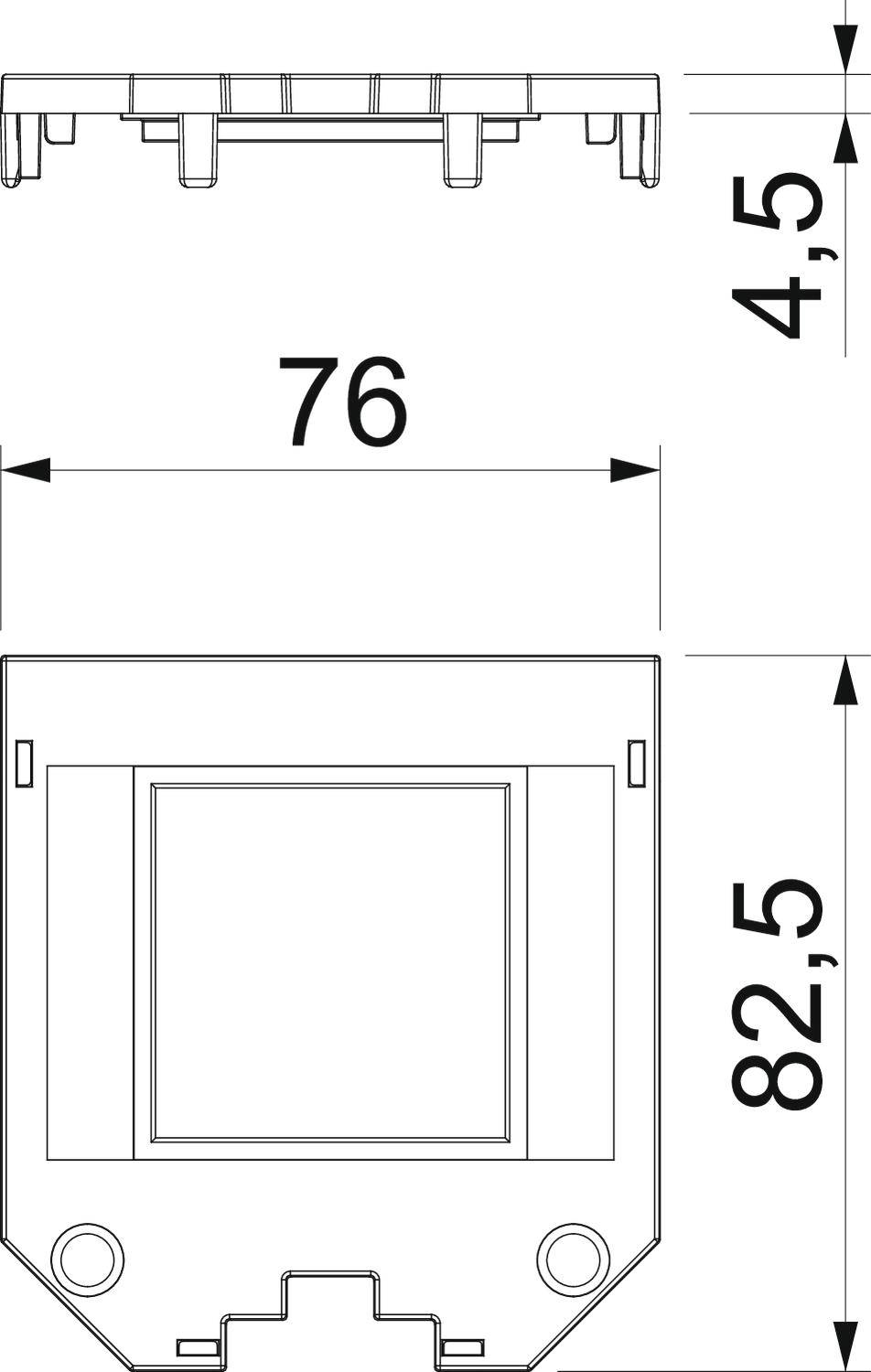 Rysunek techniczny urządzenia kwadratowego o wymiarach: szerokość 76 mm, wysokość 82,5 mm i grubość 4,5 mm.