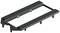 Czarny plastikowy element mocujący o kształcie prostokąta, posiadający liczne wycięcia i elementy montażowe. Stosowany w instalacjach technicznych.