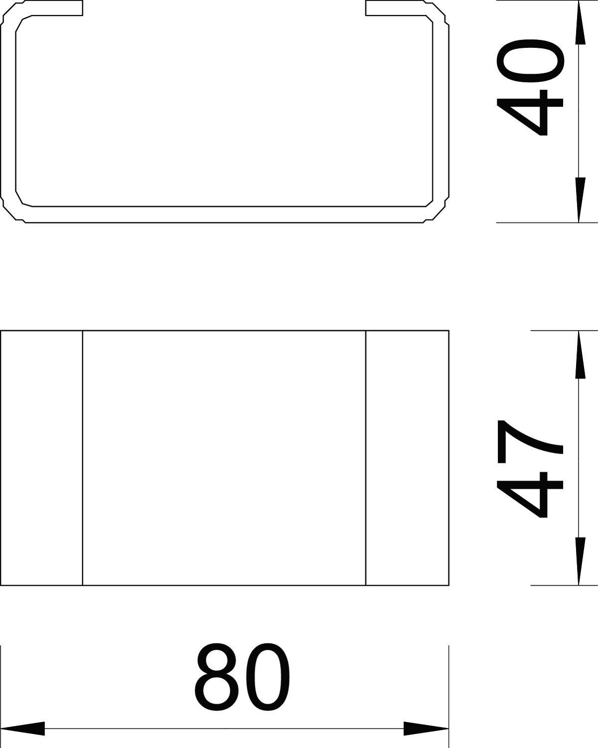 Diagram przedstawia przekrój poprzeczny i widok z góry prostokątnego elementu. Wymiary wynoszą 80 mm szerokości, 47 mm wysokości, 40 mm głębokości.