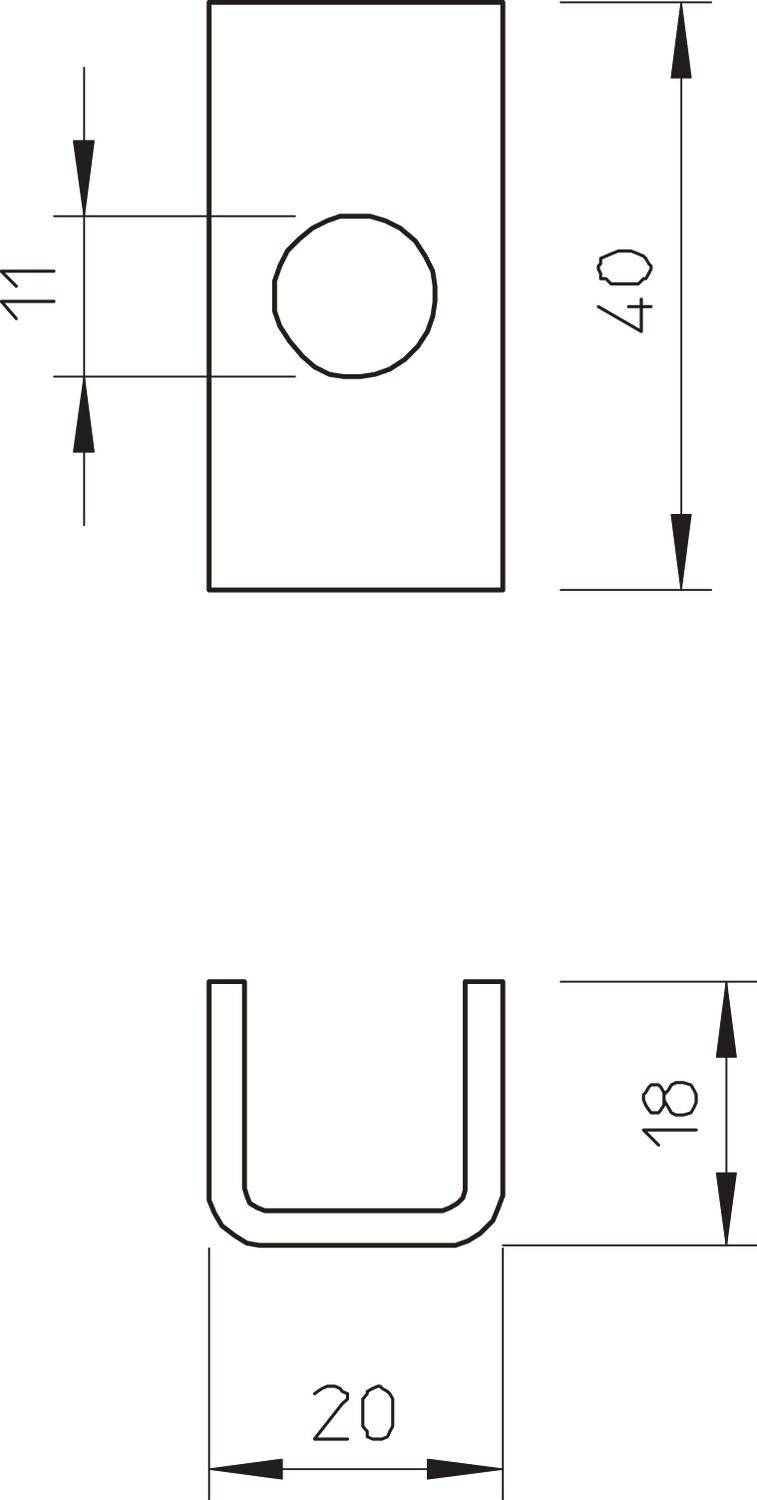 Rysunek techniczny profilu metalowego w kształcie litery U z wymiarami: szerokość 20 mm, wysokość 18 mm, średnica otworu 11 mm, całkowita wysokość 40 mm.