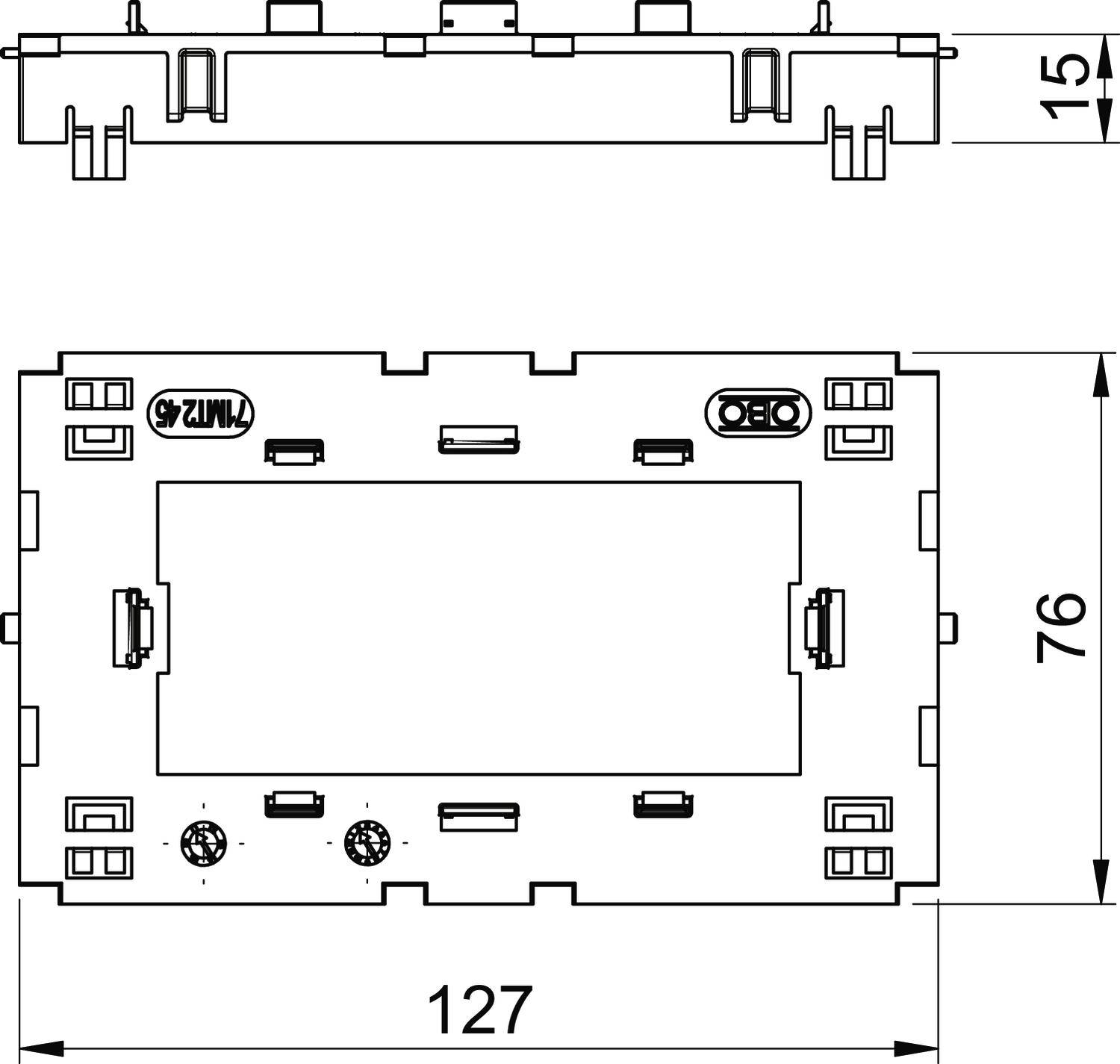 Rysunek techniczny prostokątnego elementu z wymiarami: 76 mm wysokości, 127 mm szerokości, 15 mm głębokości. Prezentacja podłączeń i mocowań.