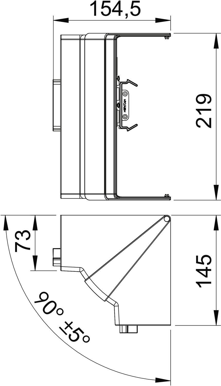 Rysunek techniczny wspornika ściennego przedstawiony z boku i z przodu. Wymiary: szerokość 154,5 mm, wysokość 219 mm, głębokość 73 mm/145 mm. Kąt nachylenia 90° ±5°.