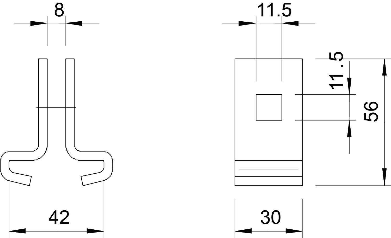 Rysunek techniczny elementu z wymiarami: Szerokość 42, Wysokość 56. Szerokość górnej części 11,5 i 8; dolnej części 30.