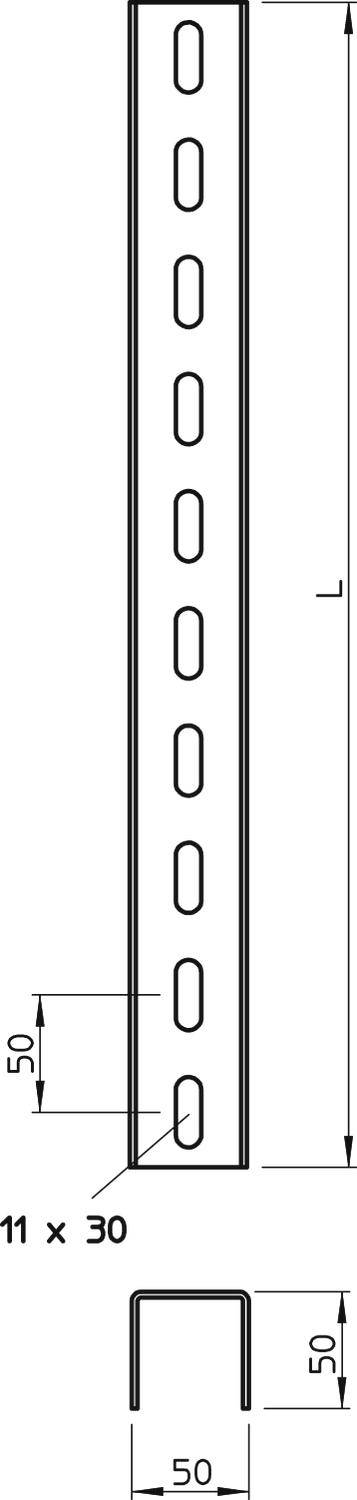 Liniowy rysunek techniczny profilu metalowego z otworami. Wymiary: szerokość 50 mm, wysokość 50 mm, rozmiar otworu 11 x 30 mm.