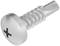 Srebrna śruba z łbem krzyżakowym i ostrzem tnącym, przeznaczona do mocowania metalu lub drewna poprzez wkręcanie.
