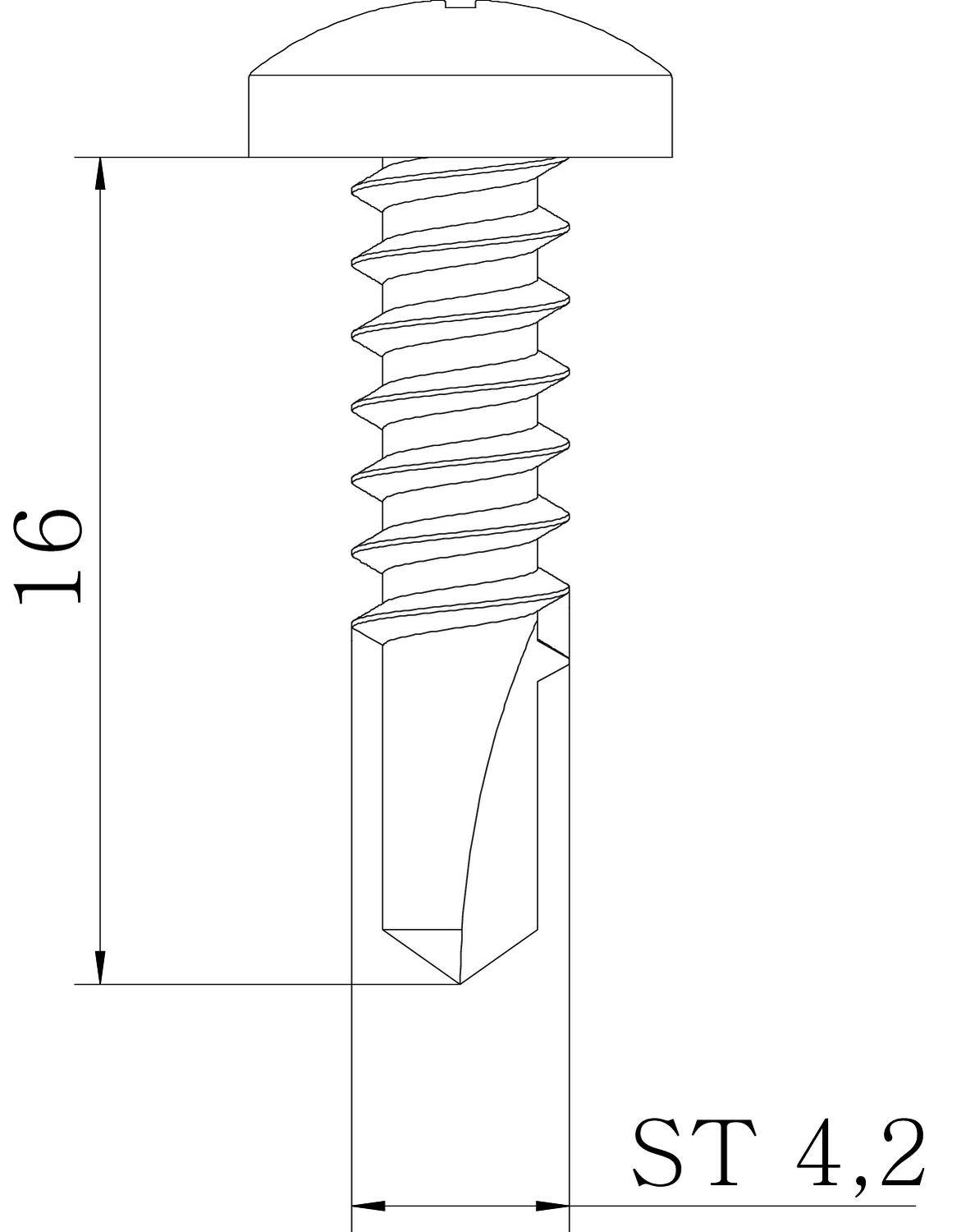 Rysunek techniczny śruby o wymiarach: długość 16 mm, szerokość ST 4,2 mm. Łeb śruby u góry, gwint w środku.