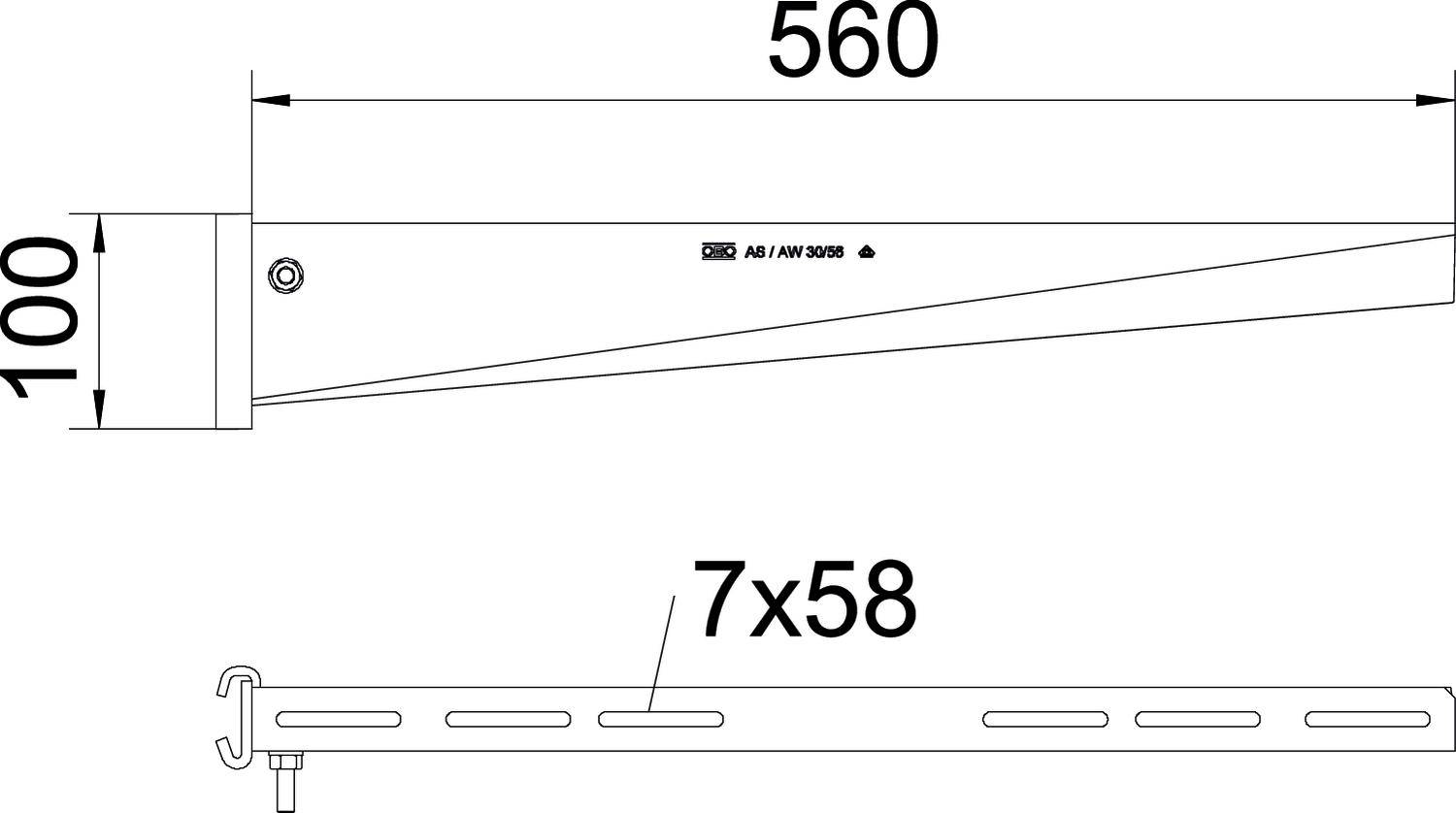 Rysunek techniczny wysięgnika kątowego: długość 560 mm, wysokość 100 mm, z 7 otworami o średnicy 58 mm.