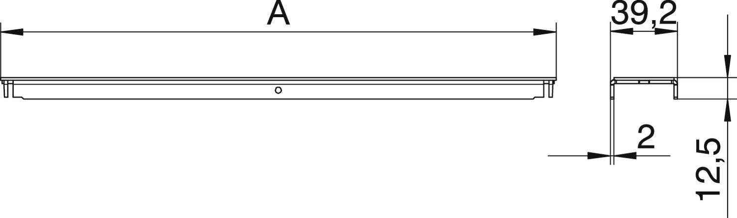 Rysunek techniczny prostokątnego obiektu. Szerokość 'A', wysokość 39,2 mm, głębokość 12,5 mm z dolną krawędzią o grubości 2 mm.