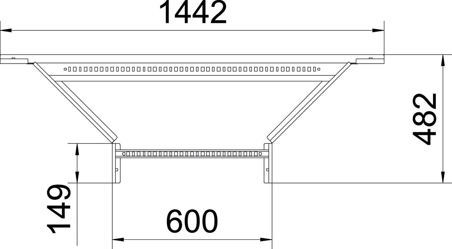 Rysunek techniczny profilu mostowego o całkowitej szerokości 1442 mm, wysokości 482 mm i rozpiętości podparcia 600 mm.