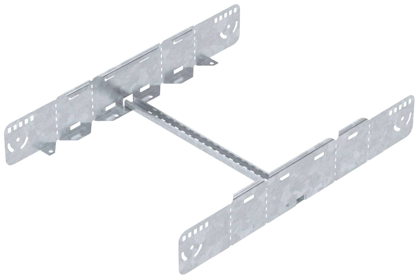 Metalowy uchwyt do mocowania dwóch drewnianych belek przy ścianie, posiadający kilka otworów na śruby, o kształcie litery T.