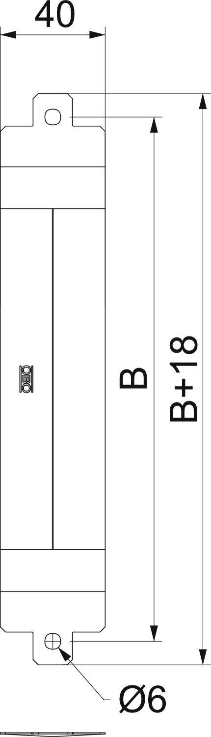 Rysunek techniczny prostokątnego obiektu z wymiarami; długość: 'B', szerokość: 'B+18', górna szerokość: 40, dolnica: Ø6.