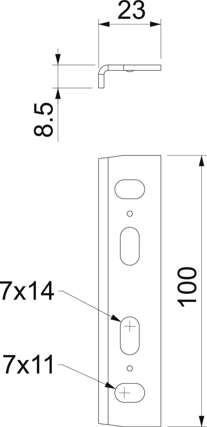 Rysunek techniczny długiej tarczy z wymiarami: 100 mm wysokości, 23 mm szerokości, rozmiary otworów 7x14 i 7x11, oraz 8,5 mm odległości od krawędzi.
