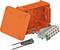 Pomarańczowe obudowy elektroinstalacyjne z wymienną pokrywą, zawierające listwę przyłączeniową oraz dwa izolowane przewody miedziane.