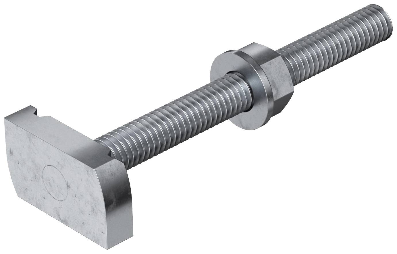 Srebrny pręt gwintowany z kwadratową główką i podkładką na białym tle.