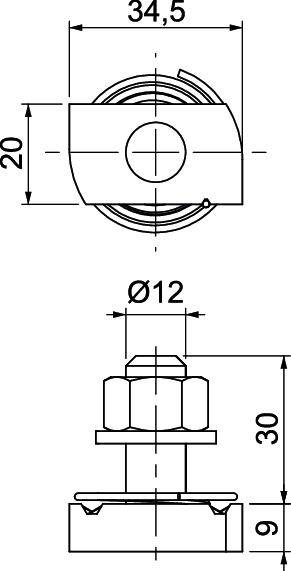 Liniowy rysunek techniczny śruby z wymiarami: szerokość 34,5 mm, wysokość 20 mm, średnica 12 mm, całkowita wysokość 30 mm.