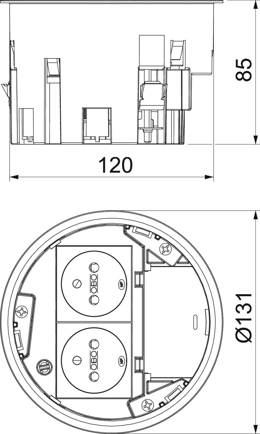 Rysunek techniczny okrągłej lampy sufitowej. Wymiary: 120 mm szerokości, 85 mm wysokości, Ø131 mm. Przedstawia widok wewnętrzny oraz szczegóły podłączenia.