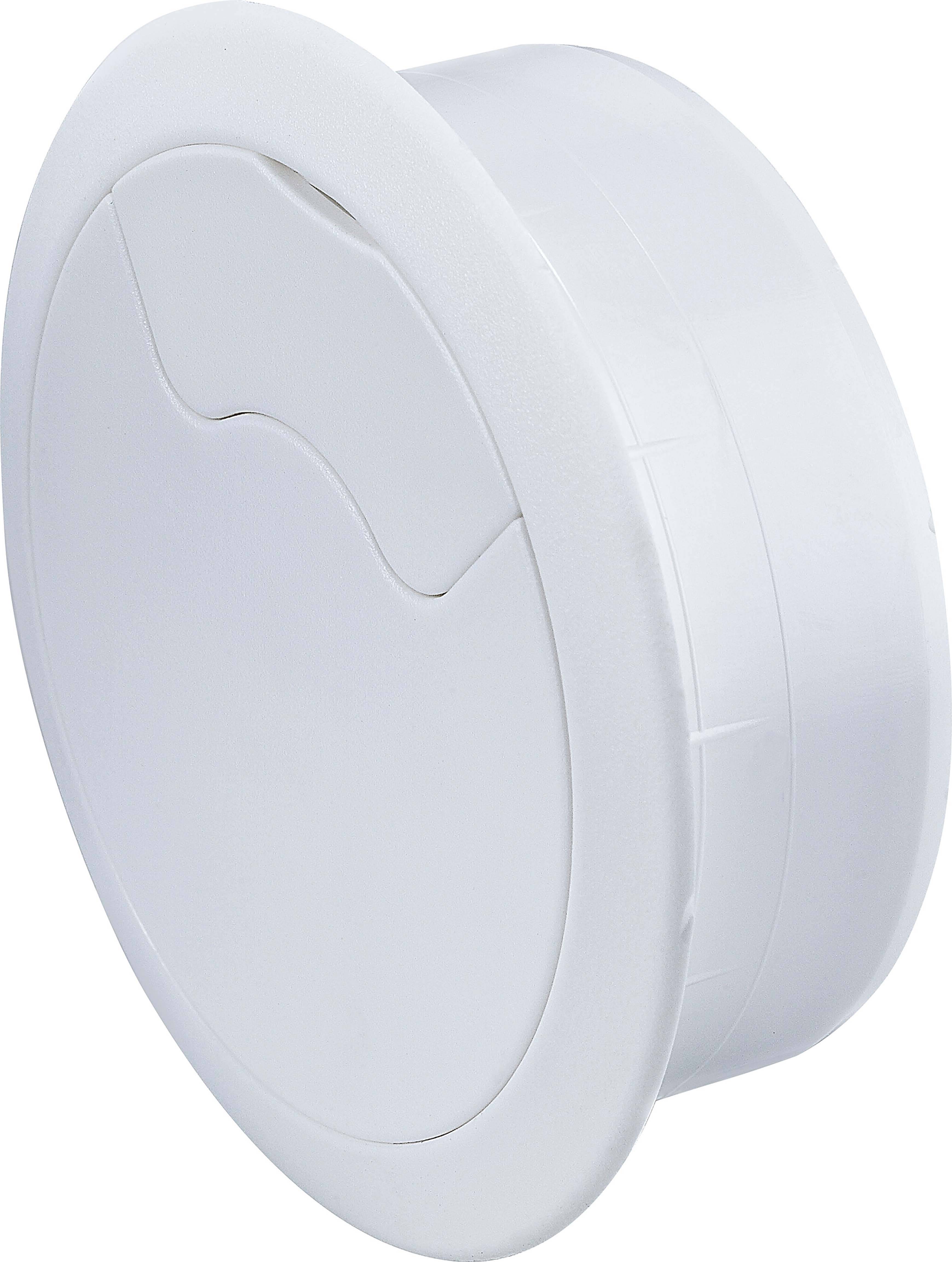 Okrągła, biała przepust kablowy z płaskim rantem, odpowiedni do stosowania w biurkach lub powierzchniach roboczych do organizacji kabli.