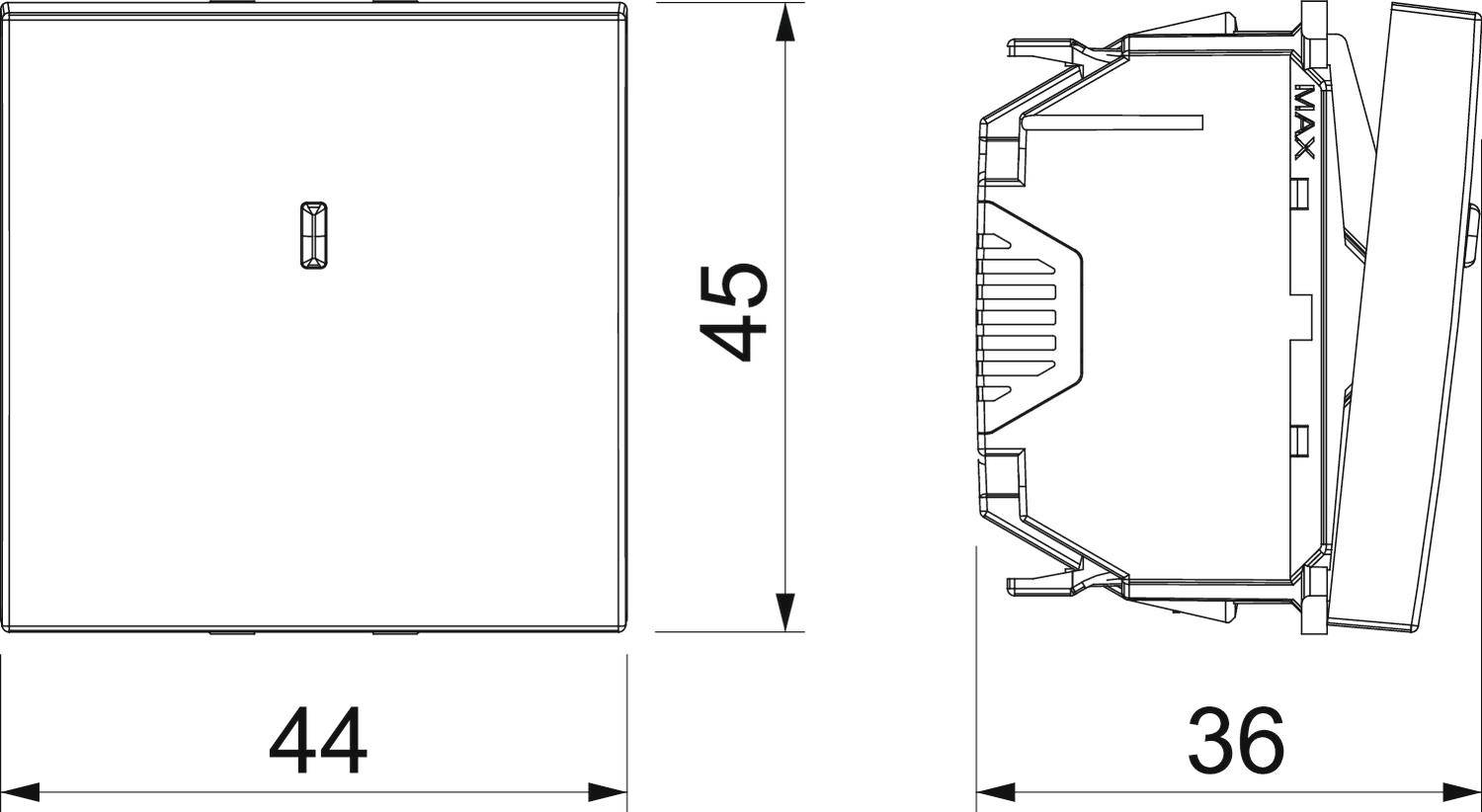 Rysunek techniczny kwadratowego przełącznika o wymiarach 44x45 mm. Widok z boku ukazuje głębokość 36 mm. Szczegółowe przedstawienie.