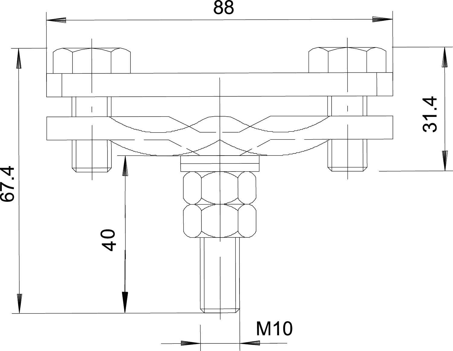 Rysunek techniczny połączenia śrubowego z wymiarami: szerokość 88, wysokość 67,4, wysokość całkowita 31,4, wymiar pionowy 40, gwint M10.