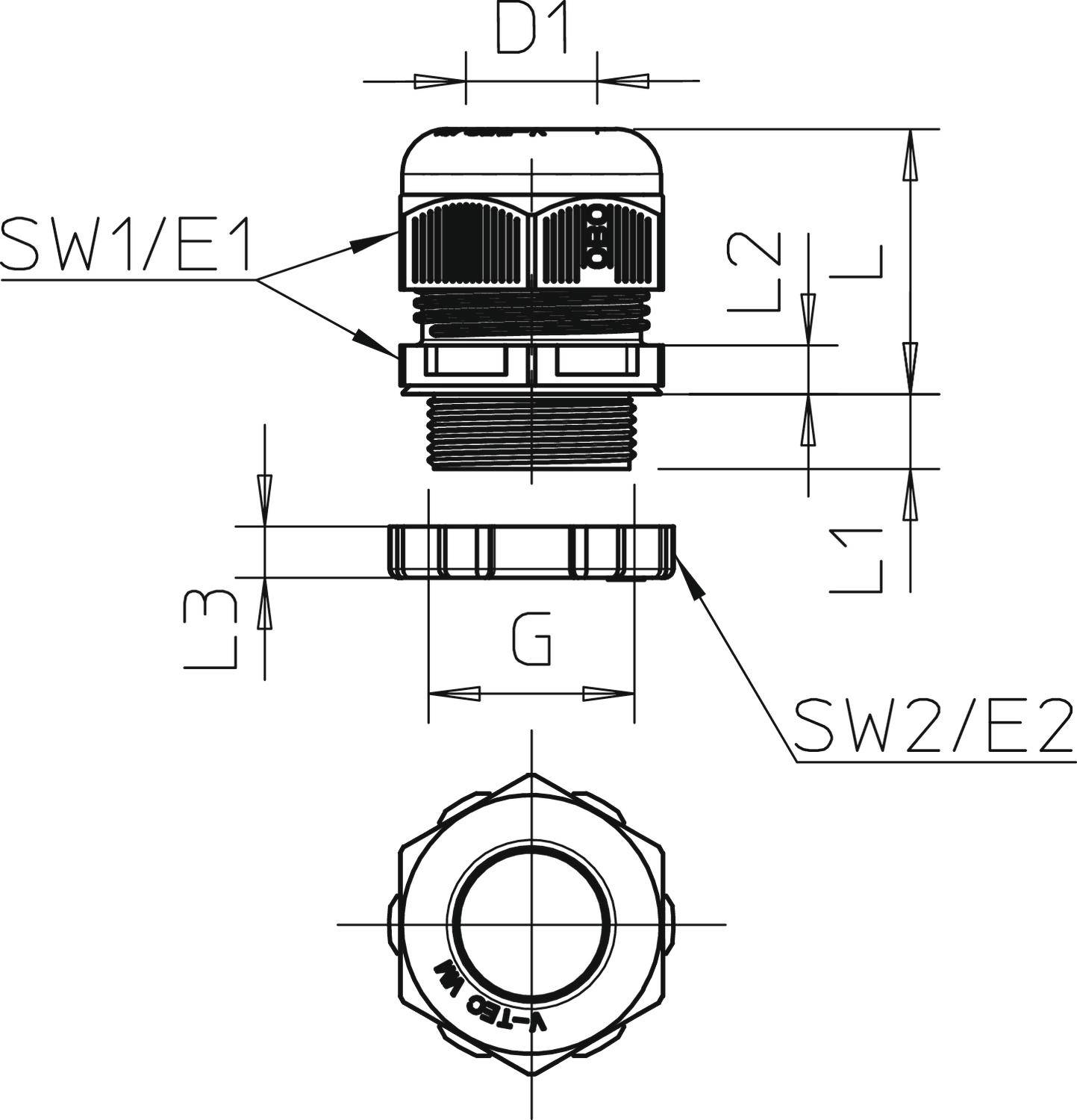 Rysunek techniczny systemu złączek kablowych z podanymi wymiarami: D1, SW1/E1, L1, L2, L3, G oraz SW2/E2 w widoku bocznym i z góry.