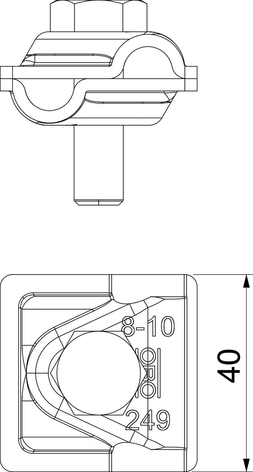 Rysunek techniczny elementu z oznaczeniami wymiarów. Góra: widok z boku; Dół: widok z góry z numerami '8-10', '0/0', '249'.