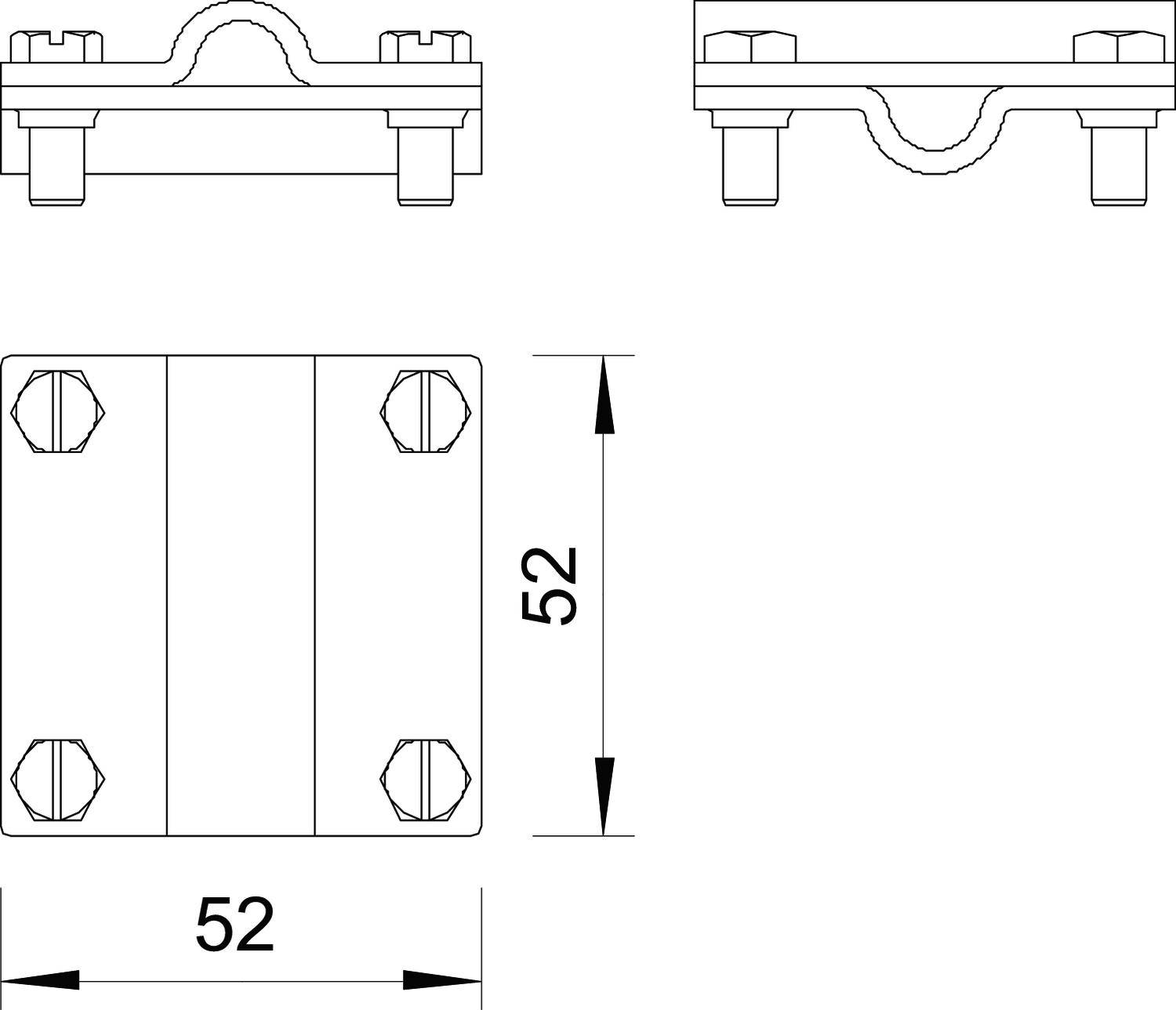 Rysunek techniczny prostokątnego okucia metalowego z czterema otworami na śruby. Wymiary 52x52 mm. Widok z góry i z boku.