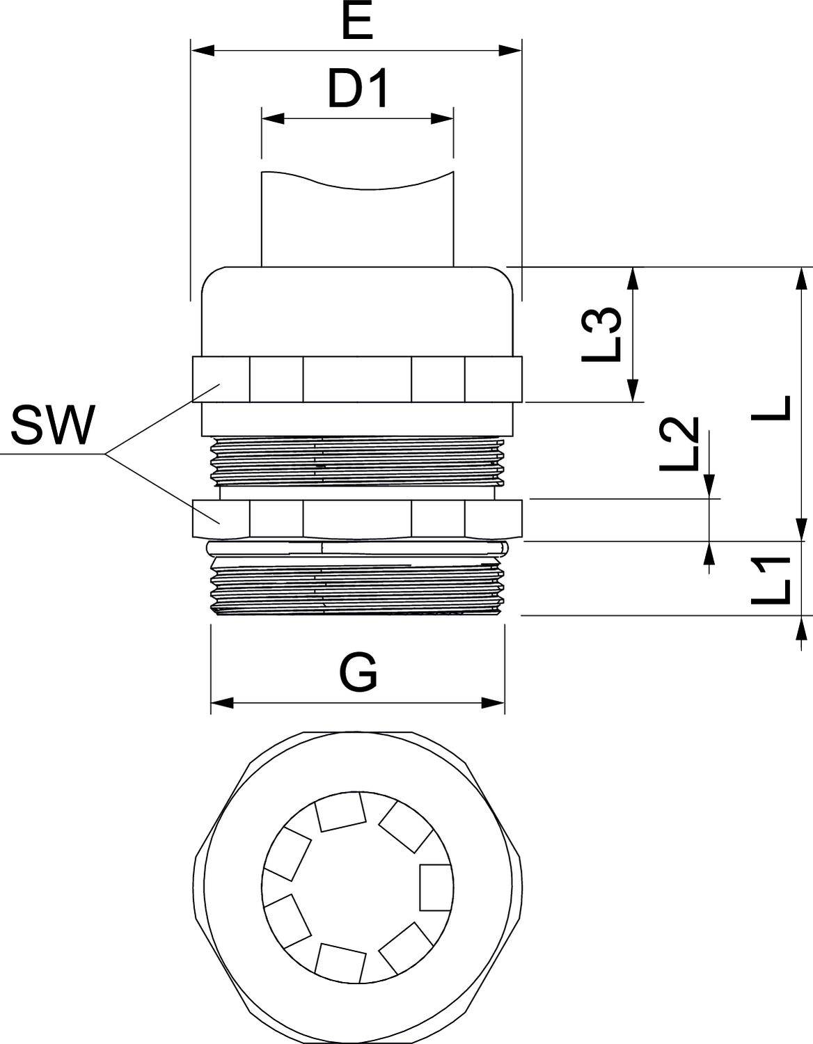 Rysunek techniczny cylindrycznego obiektu z naniesionymi wymiarami i oznaczeniami (D1, E, L, L1, L2, L3, G, SW).