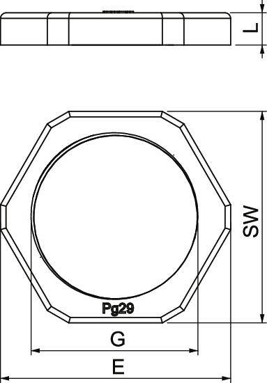 Rysunek techniczny elementu uszczelniającego o przekroju kołowym, widok z góry przedstawiający ośmiokątny kołnierz. Podane są wymiary: L, SW, G, E.
