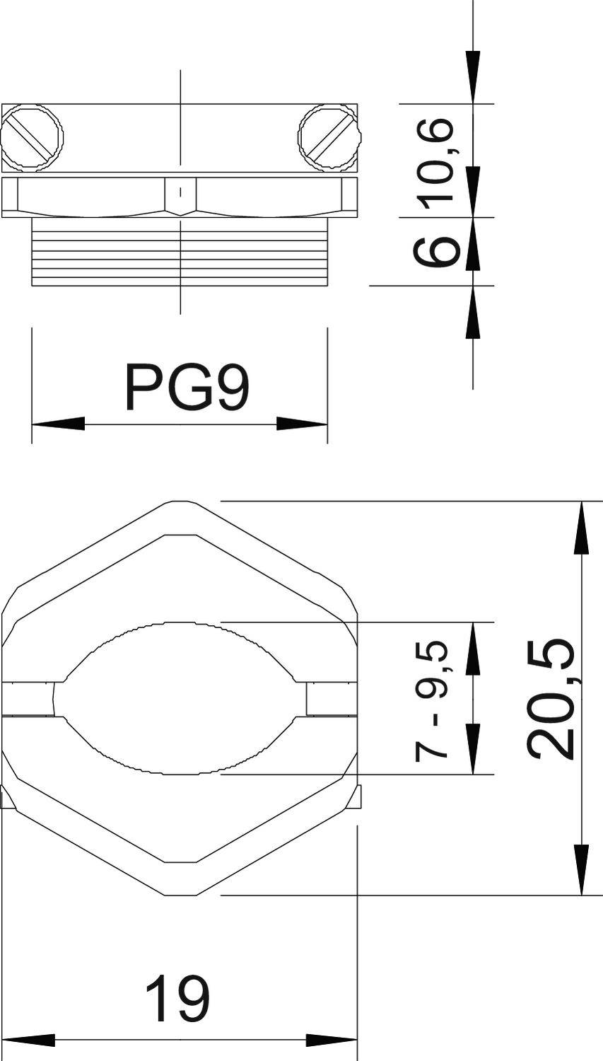 Rysunek techniczny złączki kablowej PG9 z podaną masą. Widok z góry i z boku. Wymiary: przepust 6-10,6 mm; wysokość 20,5 mm; szerokość 19 mm.